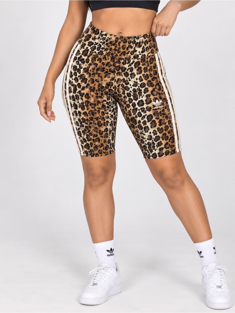 adidas Leopard-Print Mid-Rise Bike Shorts with White Stripes